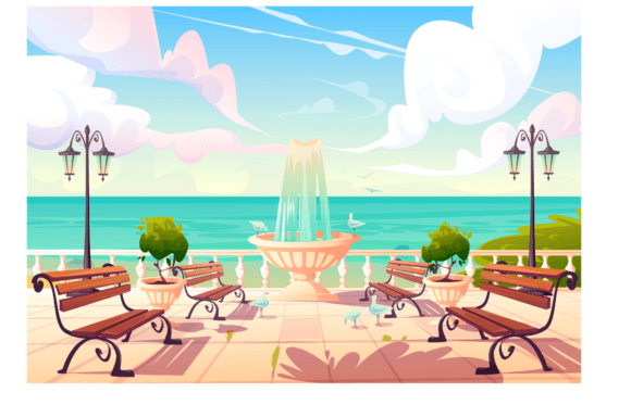 Summer Seafront with Fountain, Benches and Vintage Fence
